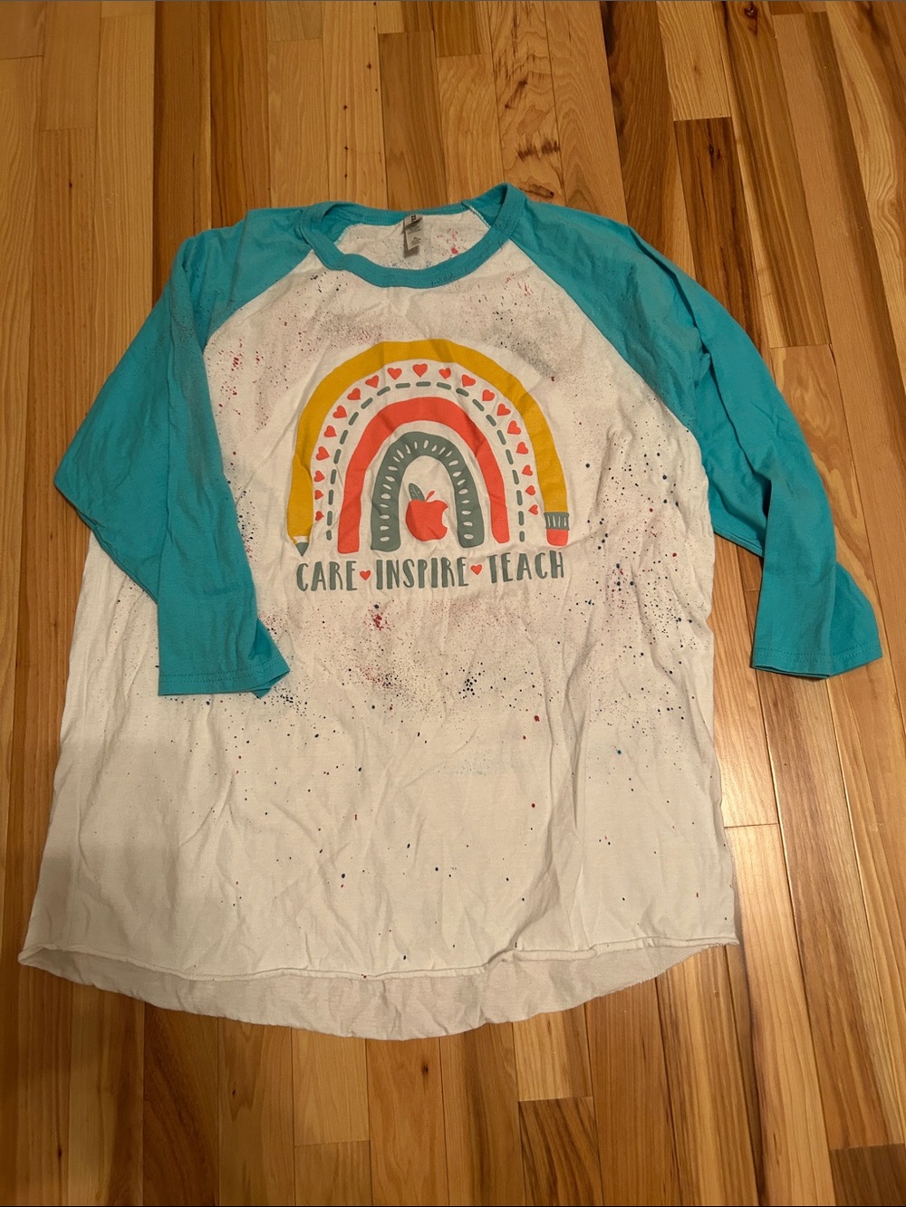 Jerzees Teal Sleeve White Raglan Tee with Rainbow Teacher Graphic